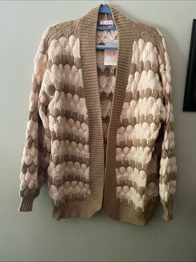 Kirundo Open-Front Taupe & Cream Bubble Knit Cardigan Sweater 🆕